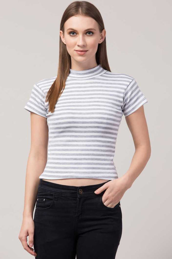 Whitewhale Casual Regular Sleeves Striped Women Grey White Top