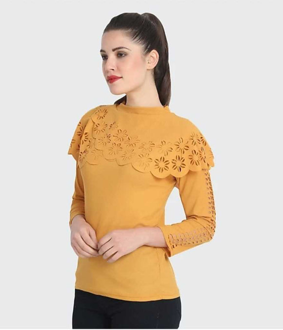 Whitewhale Casual Regular Sleeves Laser Cut Women Yellow Top