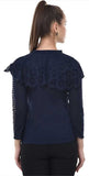 Whitewhale Casual Regular Sleeves Laser Cut Women Navy Top