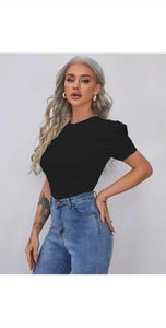 Whitewhale Casual Puff Sleeves Solid Women Black Top
