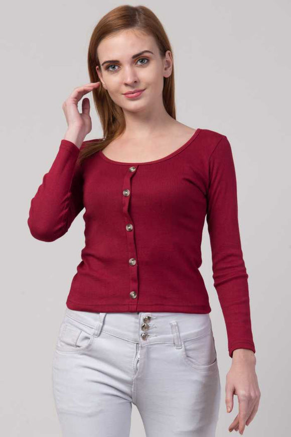 Whitewhale Casual Regular Sleeves Solid Women Maroon Top