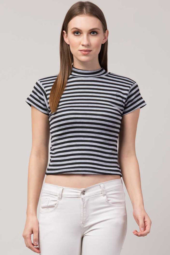 Whitewhale Casual Regular Sleeves Striped Women Black Grey Top