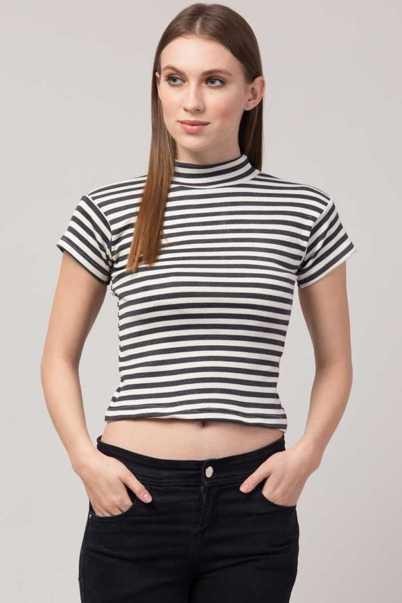 Whitewhale Casual Regular Sleeves Striped Women Black White Top