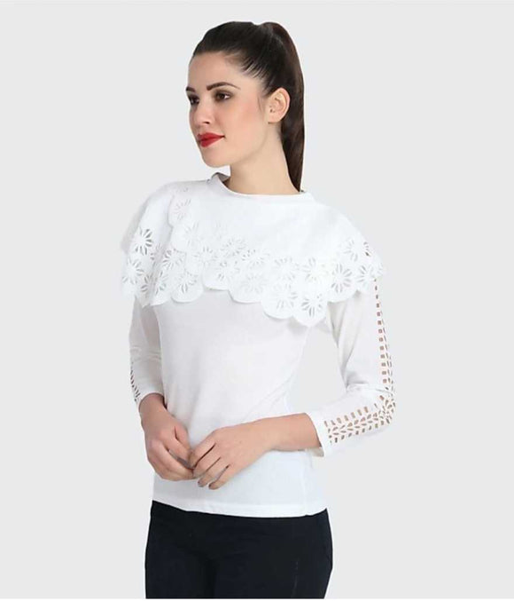 Whitewhale Casual Regular Sleeves Laser Cut Women White Top