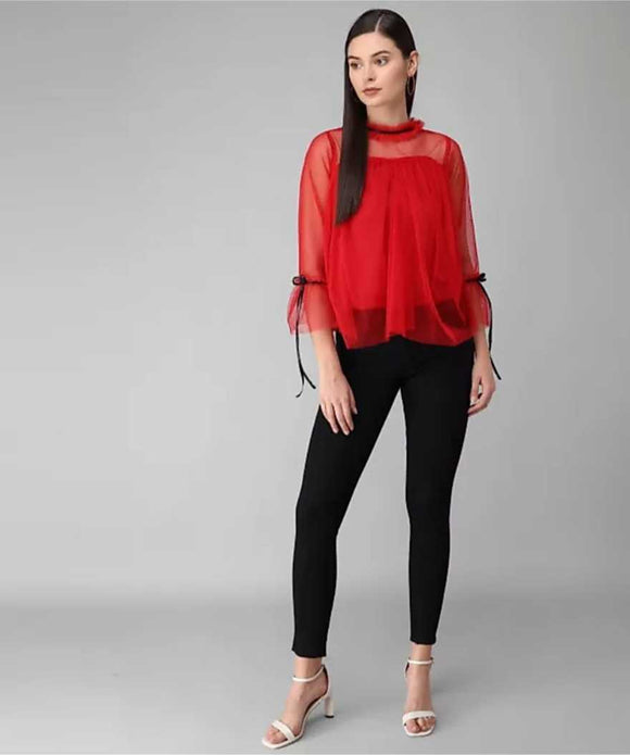 Whitewhale Casual Regular Sleeves Solid Women Red Top