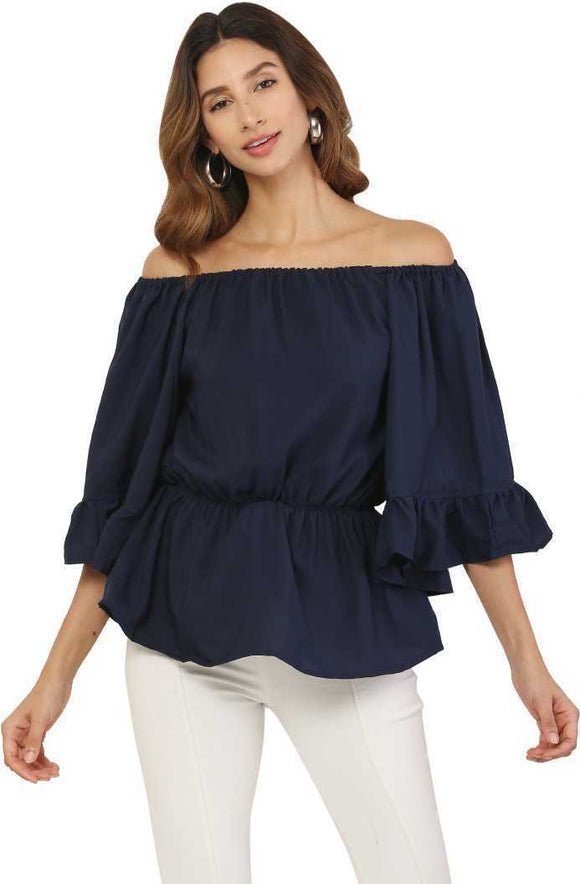 Whitewhale Casual Balloon Sleeve Solid Women Navy Blue Top