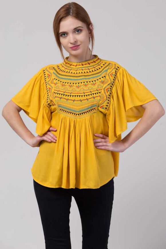 Whitewhale Casual Flared Sleeves Embroidered Women Mustard Top