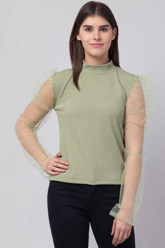 Whitewhale Casual Puff Sleeves Solid Women Green Top