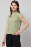 Whitewhale Casual Puff Sleeves Solid Women Green Top