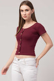 Whitewhale Casual Regular Sleeves Solid Women Maroon Top