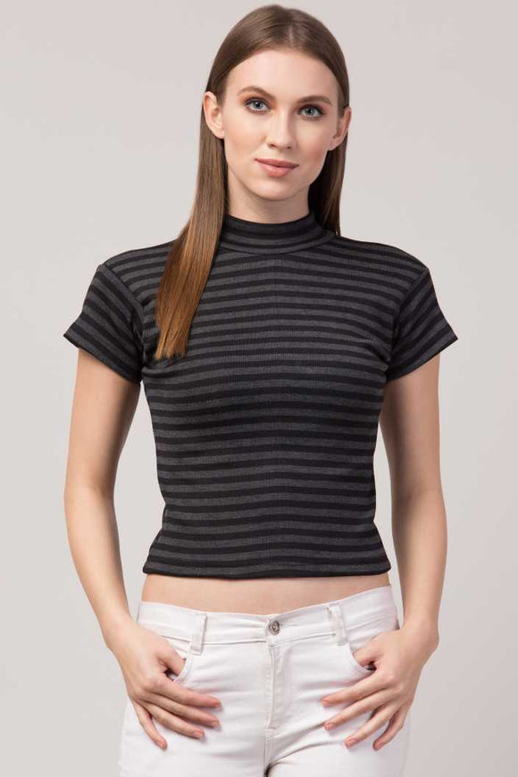Whitewhale Casual Regular Sleeves Striped Women Black Dark Grey Top