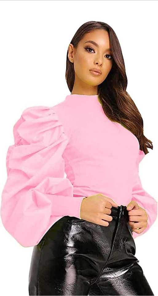 Whitewhale Casual Puff Sleeves Solid Women Baby pink Top