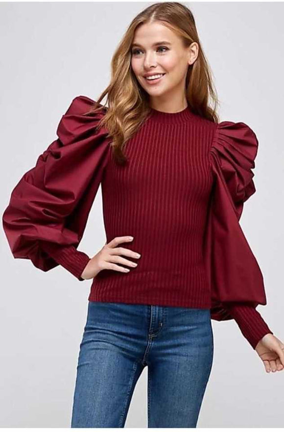 Whitewhale Casual Puff Sleeves Solid Women Maroon Top