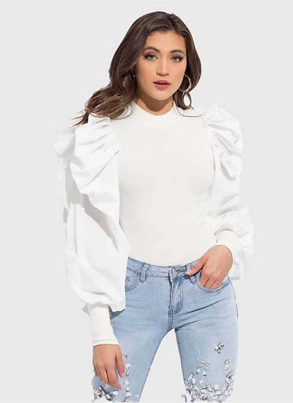 Whitewhale Casual Puff Sleeves Solid Women Neon Top