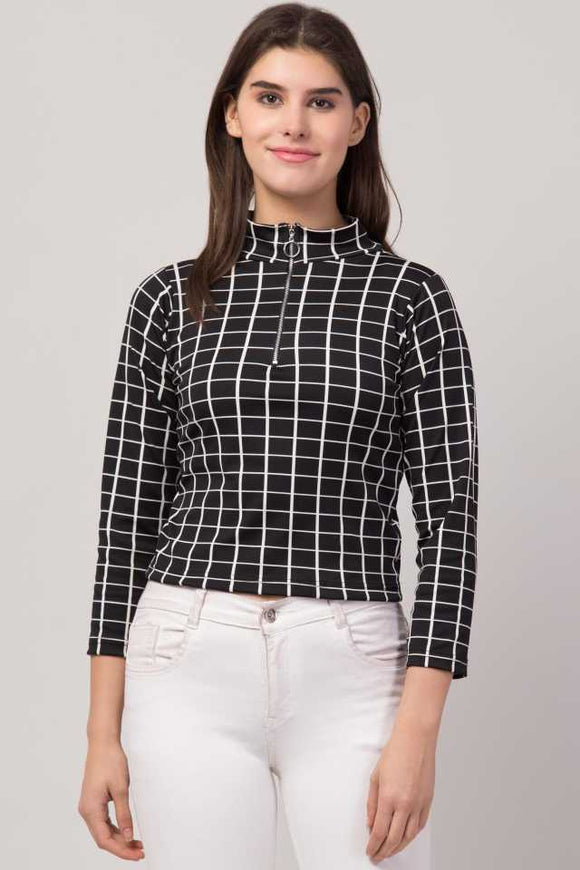 Whitewhale Casual Regular Sleeves Checkered Women Black White Top