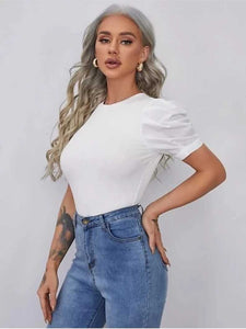 Whitewhale Casual Puff Sleeves Solid Women White Top