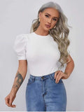 Whitewhale Casual Puff Sleeves Solid Women White Top