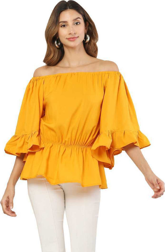 Whitewhale Casual Balloon Sleeve Solid Women Mustard Top