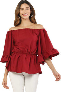 Whitewhale Casual Balloon Sleeve Solid Women Maroon Top