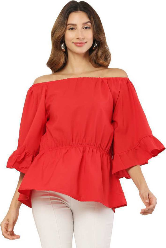 Whitewhale Casual Balloon Sleeve Solid Women Red Top