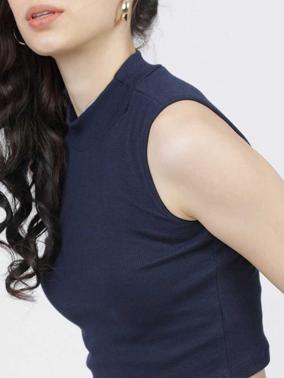 Whitewhale Casual Sleeveless Solid Women Navy Top
