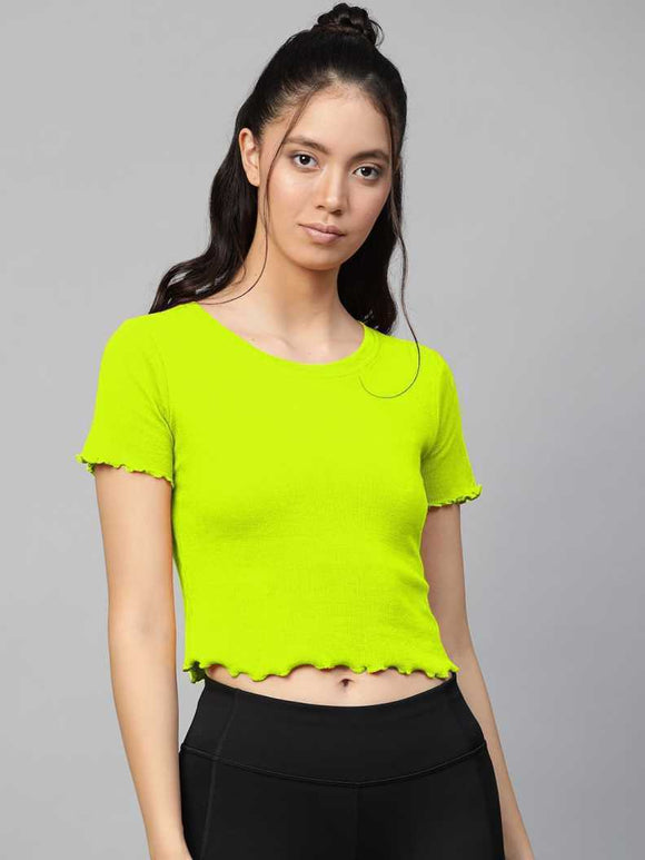 Whitewhale Casual Regular Sleeves Solid Women Neon Green Top
