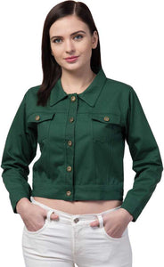 Whitewhale Full Sleeve Solid Women Denim Bottle Green Jacket
