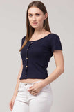 Whitewhale Casual Regular Sleeves Solid Women Navy Blue Top