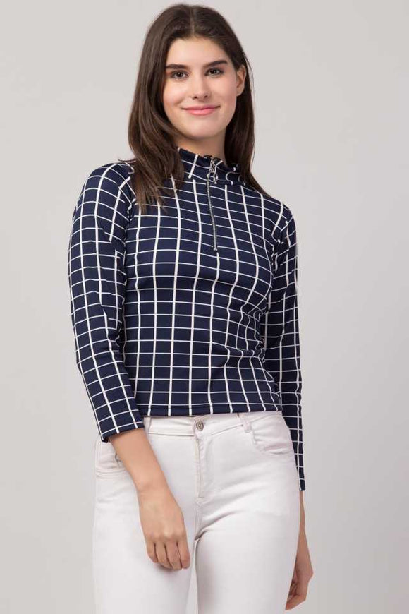 Whitewhale Casual Regular Sleeves Checkered Women Navy White Top
