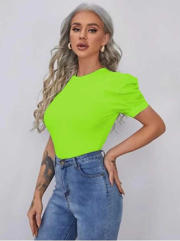 Whitewhale Casual Puff Sleeves Solid Women Neon Green Top